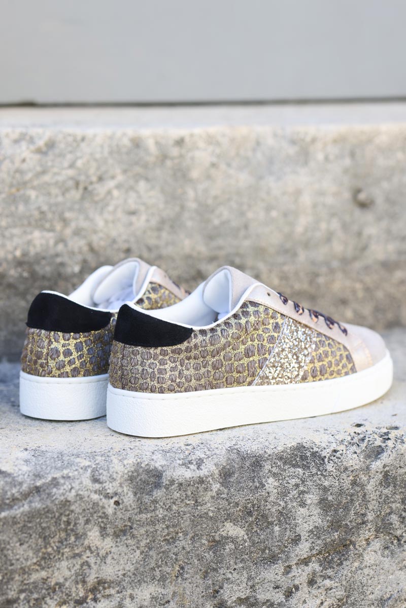 Baskets taupe lacets leopard paillettes g067 (1)