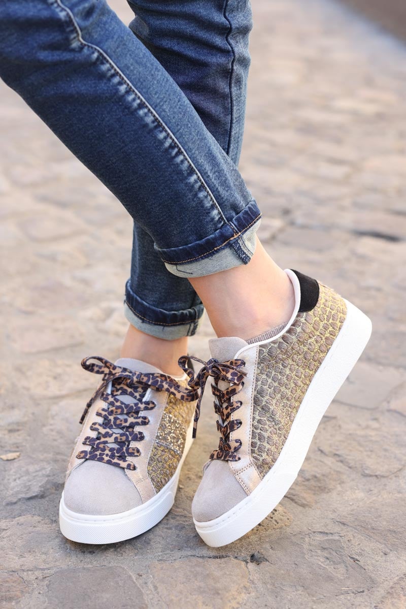 Baskets taupe lacets leopard paillettes g067 (1)
