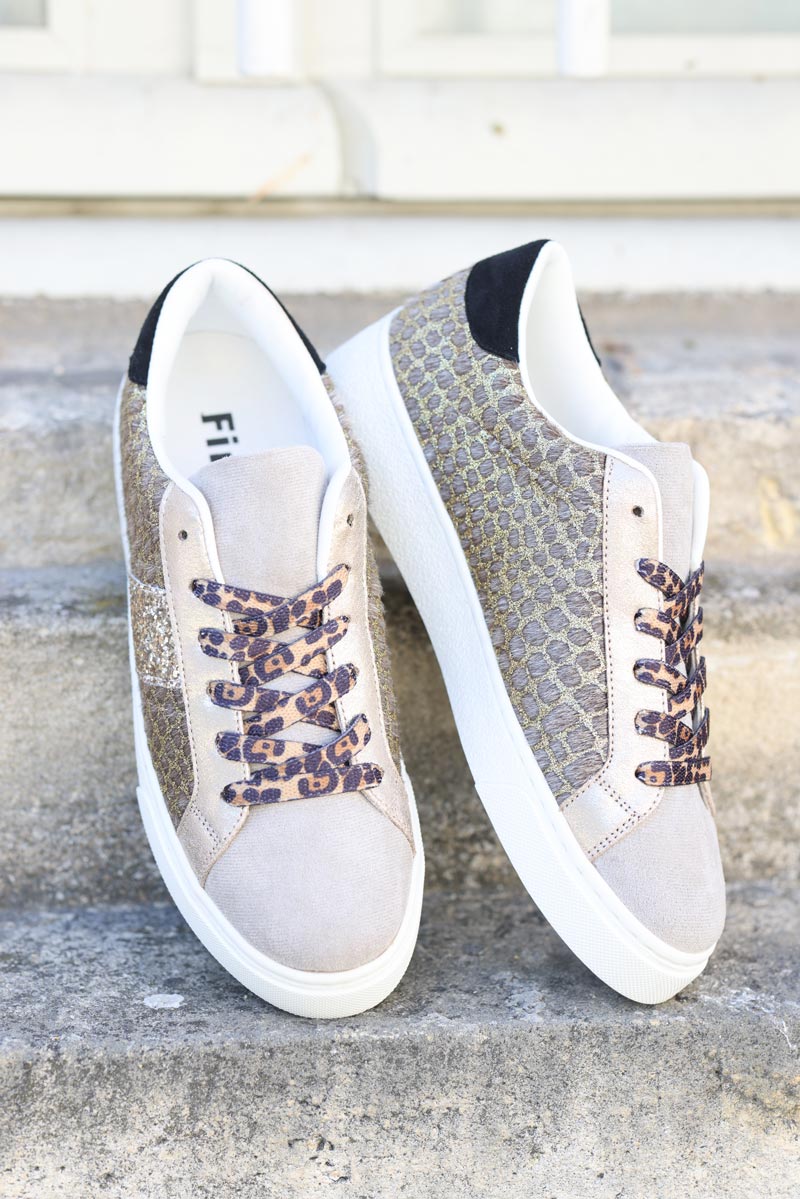 Baskets taupe lacets leopard paillettes g067 (1)