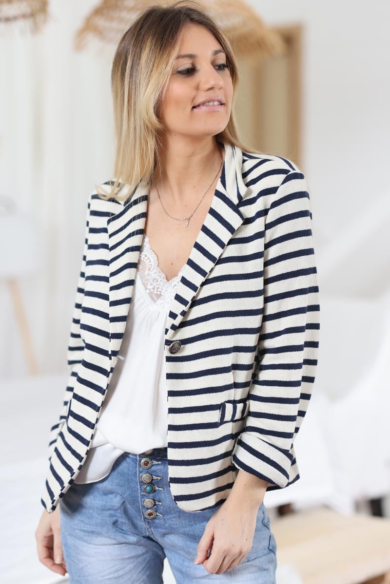 Blazer cintre mariniere bleu marine style eponge g008 (1)