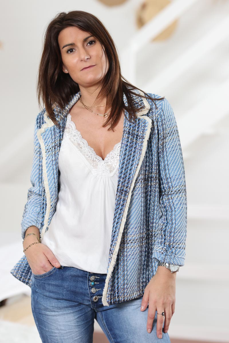 Blazer tweed bleu en coton g003 (1)