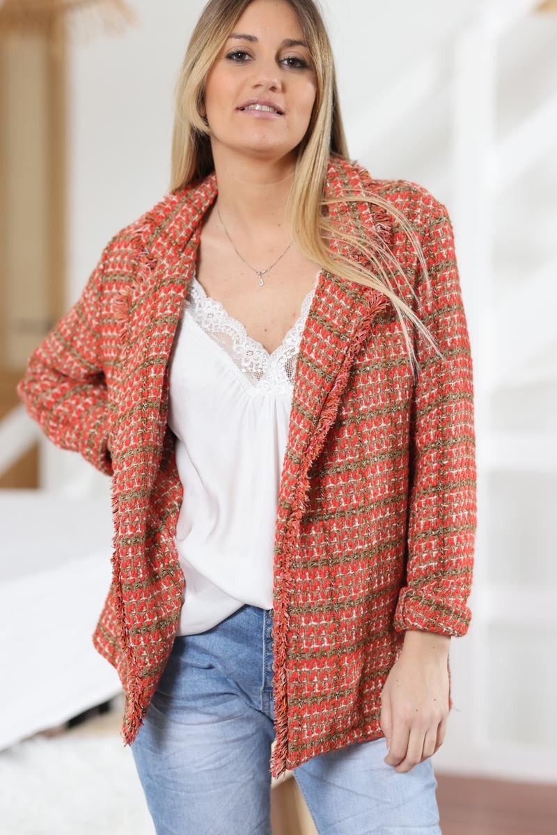 Blazer tweed style carreaux terracotta en coton g003 (1)