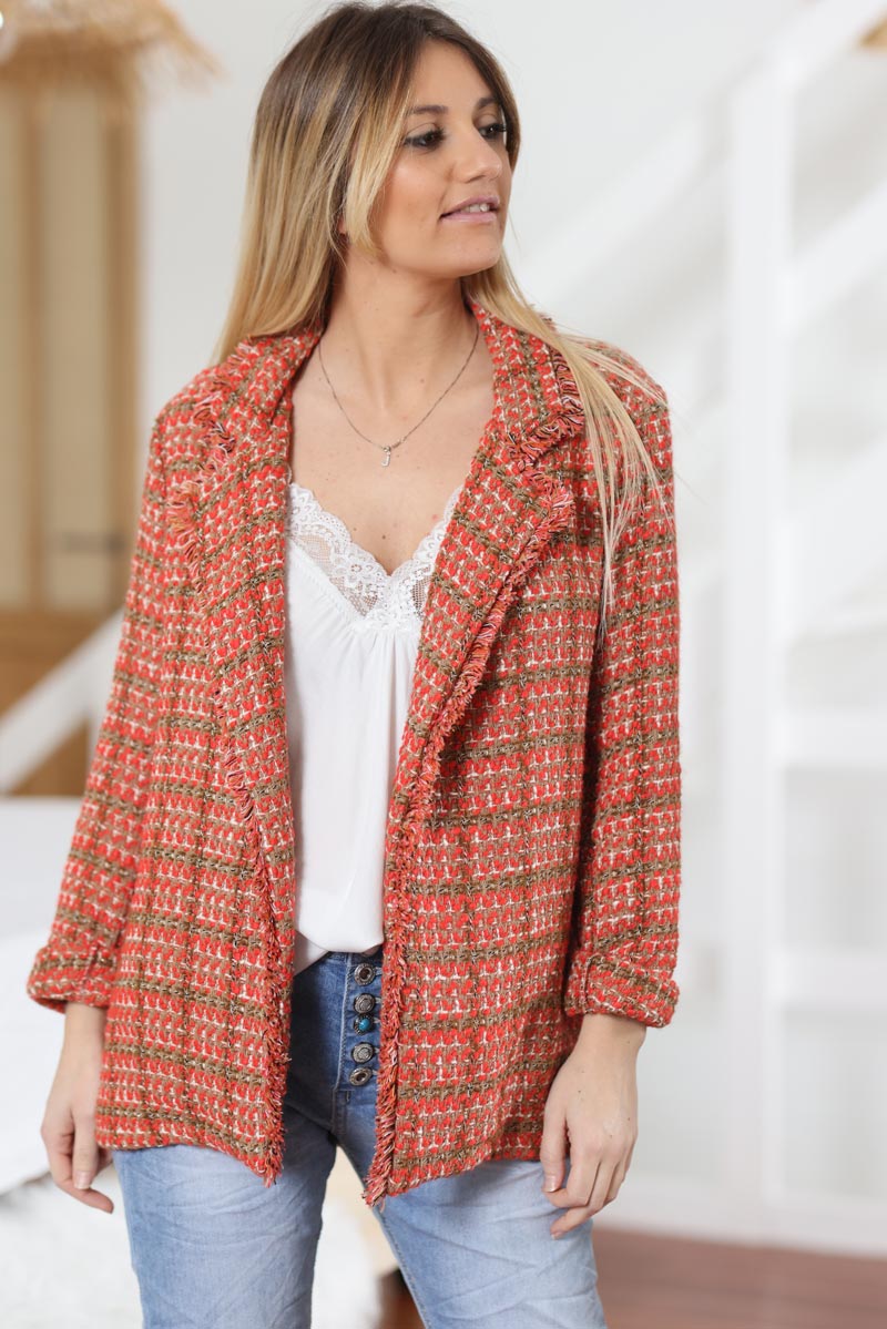 Blazer tweed style carreaux terracotta en coton g003 (1)