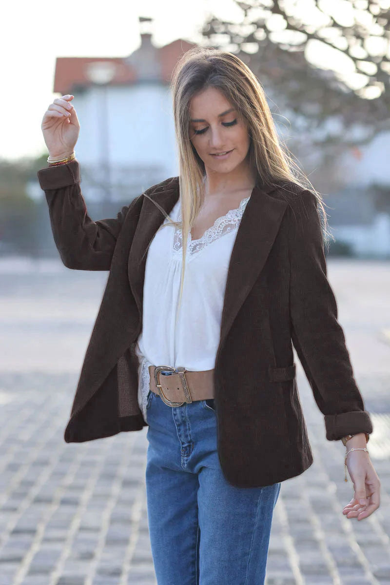 Blazer Femme Free People Byron – Velours Côtelé Noir, Taille S – Style Boho, Deux Boutons