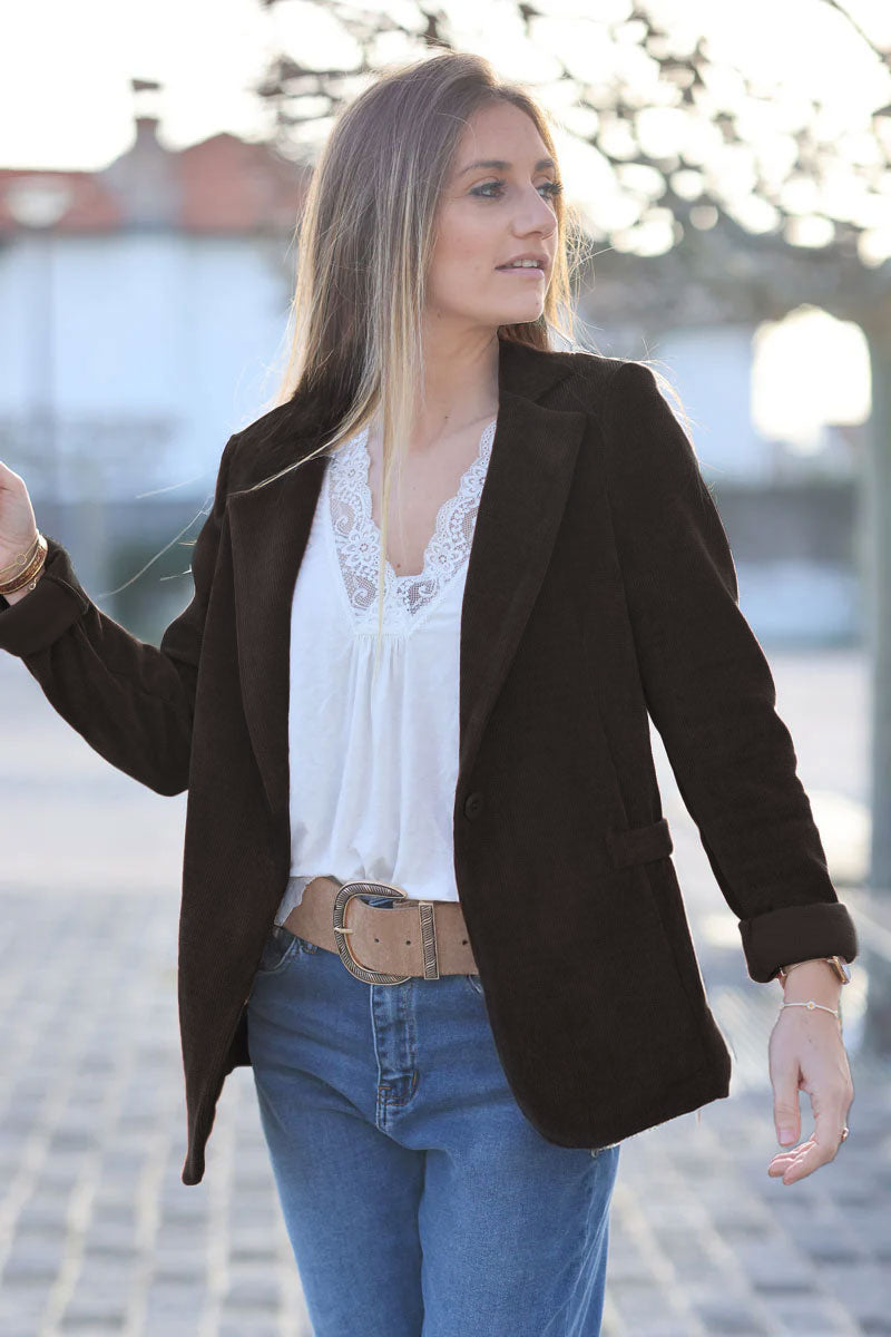 Blazer femme cintré en velours côtelé marron