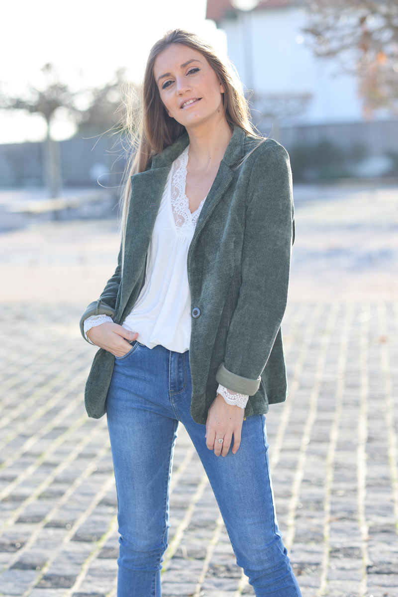 Khaki corduroy tailored stretch blazer