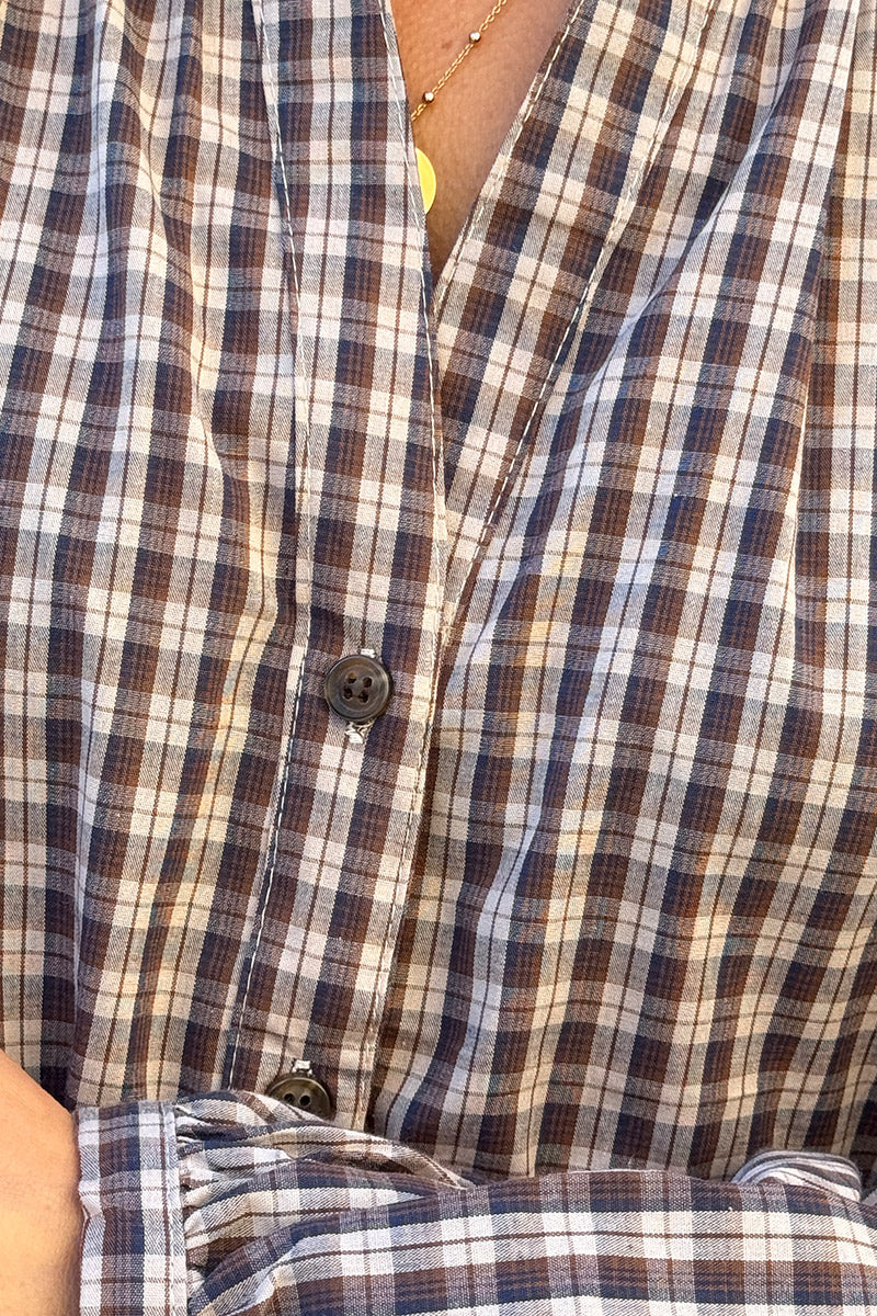 Blouse à carreaux marron en coton avec boutons