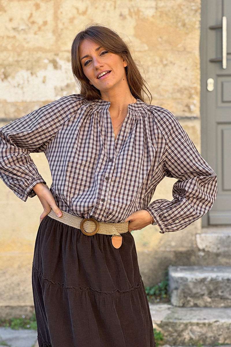 Blouse à carreaux marron en coton avec boutons