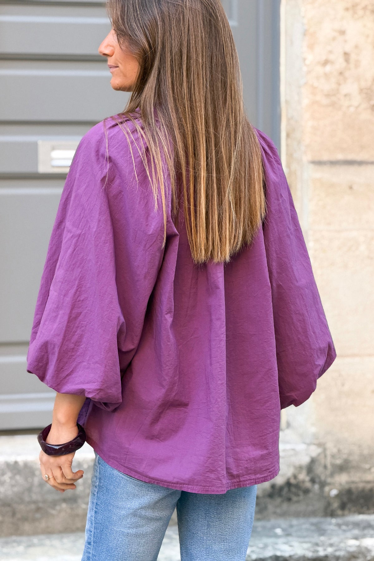 Aubergine Cotton Blouson Sleeve Blouse