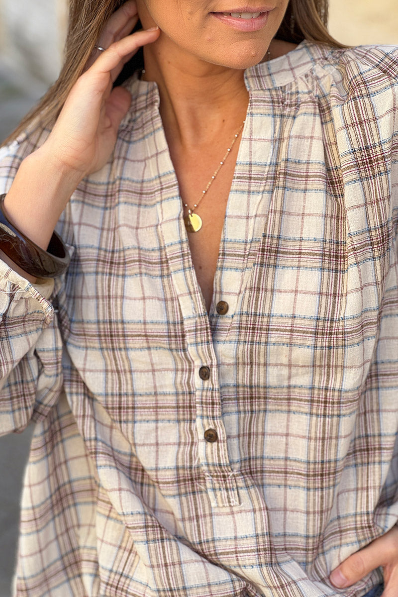 Cream Plaid Cotton Split Neck Blouse