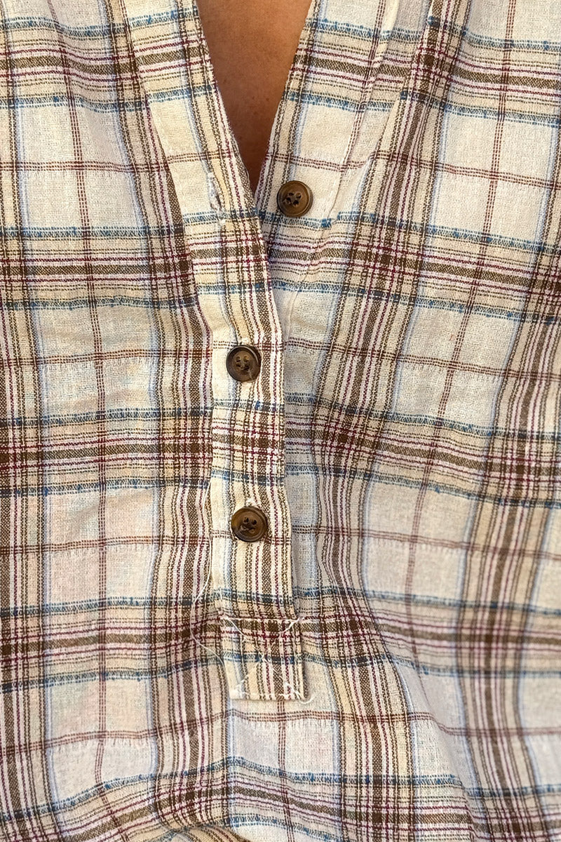 Cream Plaid Cotton Split Neck Blouse