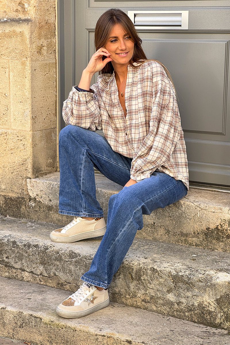 Cream Plaid Cotton Split Neck Blouse