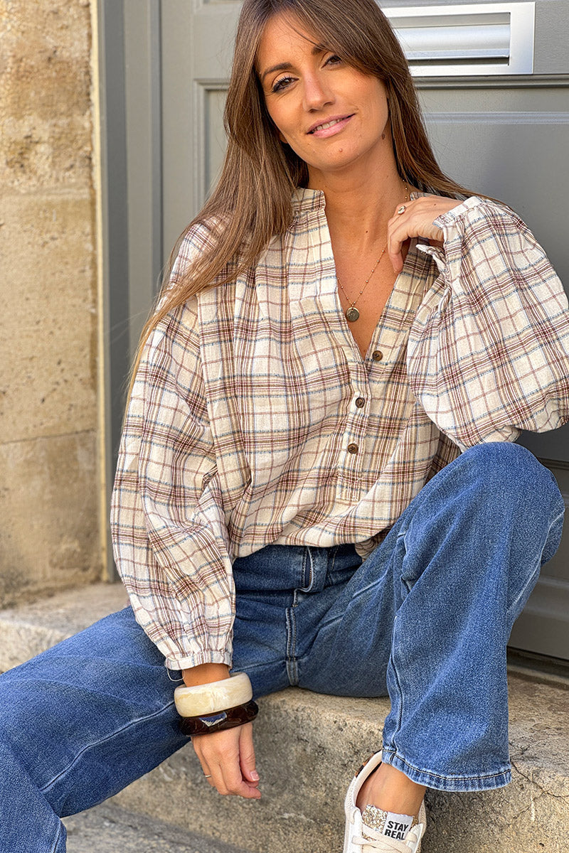 Cream Plaid Cotton Split Neck Blouse