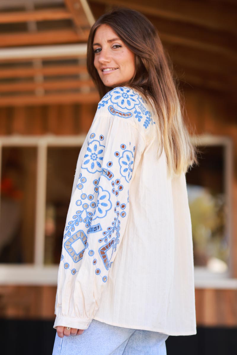 Blouse beige en coton broderie ajourée bleu et pompons