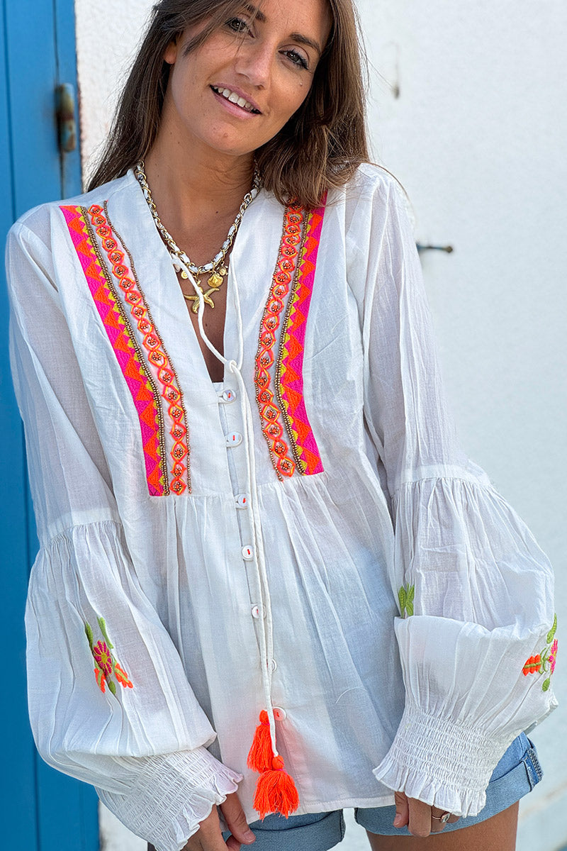 White Boho Neon Embroidered Blouse