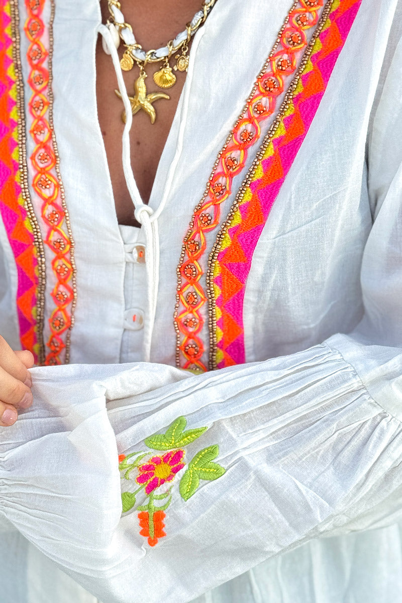 White Boho Neon Embroidered Blouse