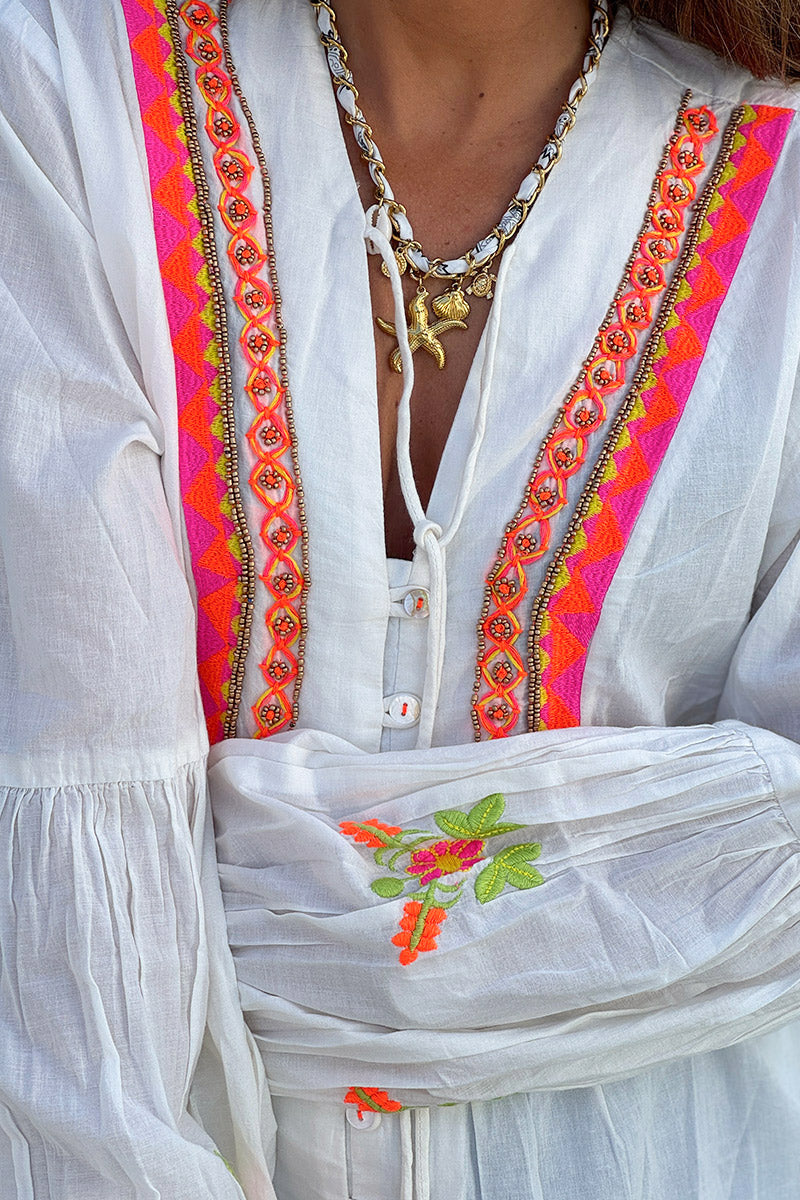 White Boho Neon Embroidered Blouse