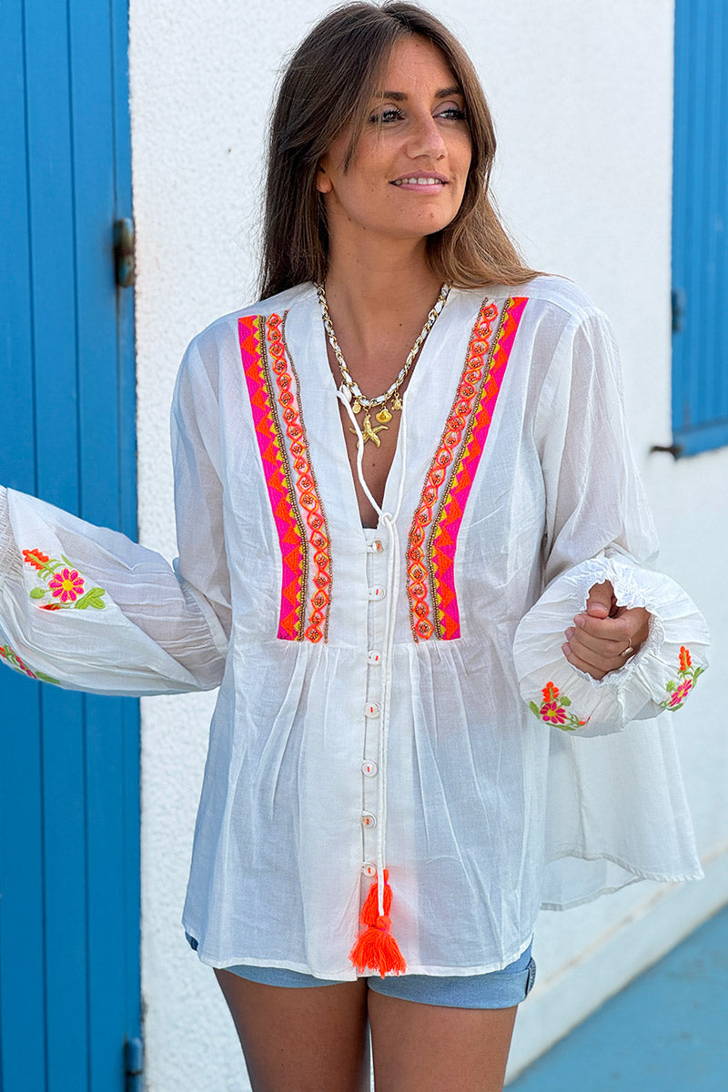 White Boho Neon Embroidered Blouse
