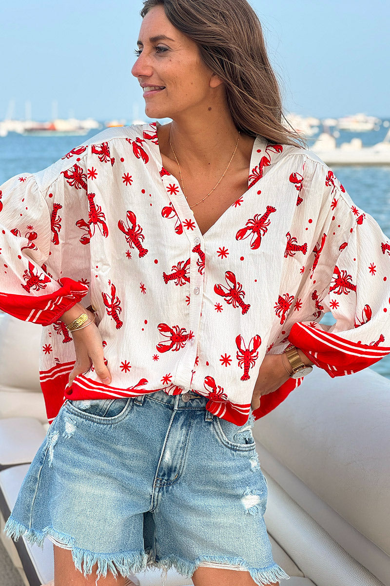 White Lobster Print Button-Down Blouse