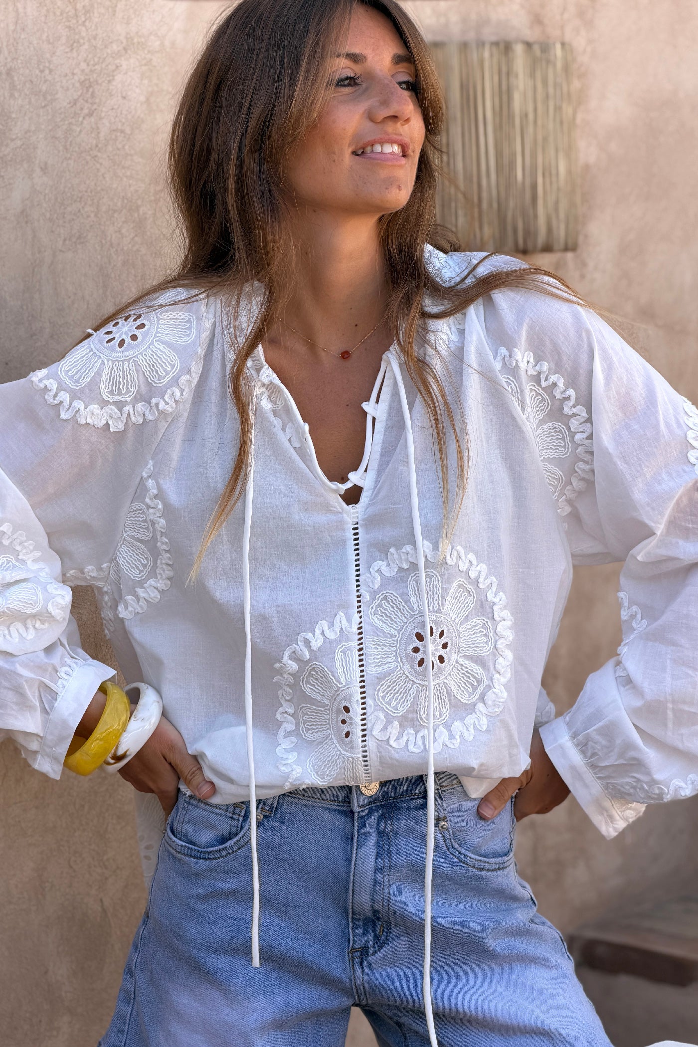 White Floral Medallion Peasant Blouse