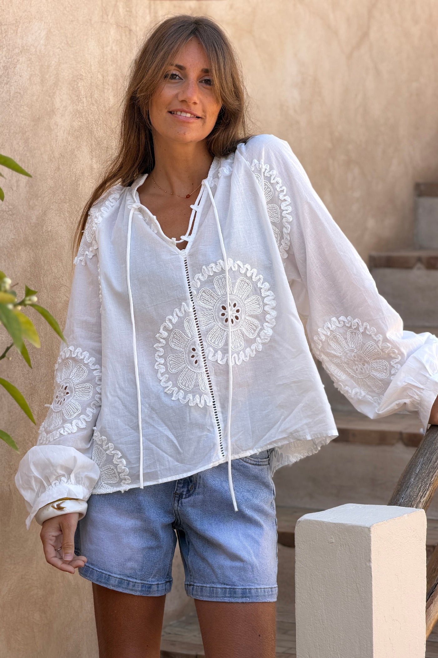 White Floral Medallion Peasant Blouse