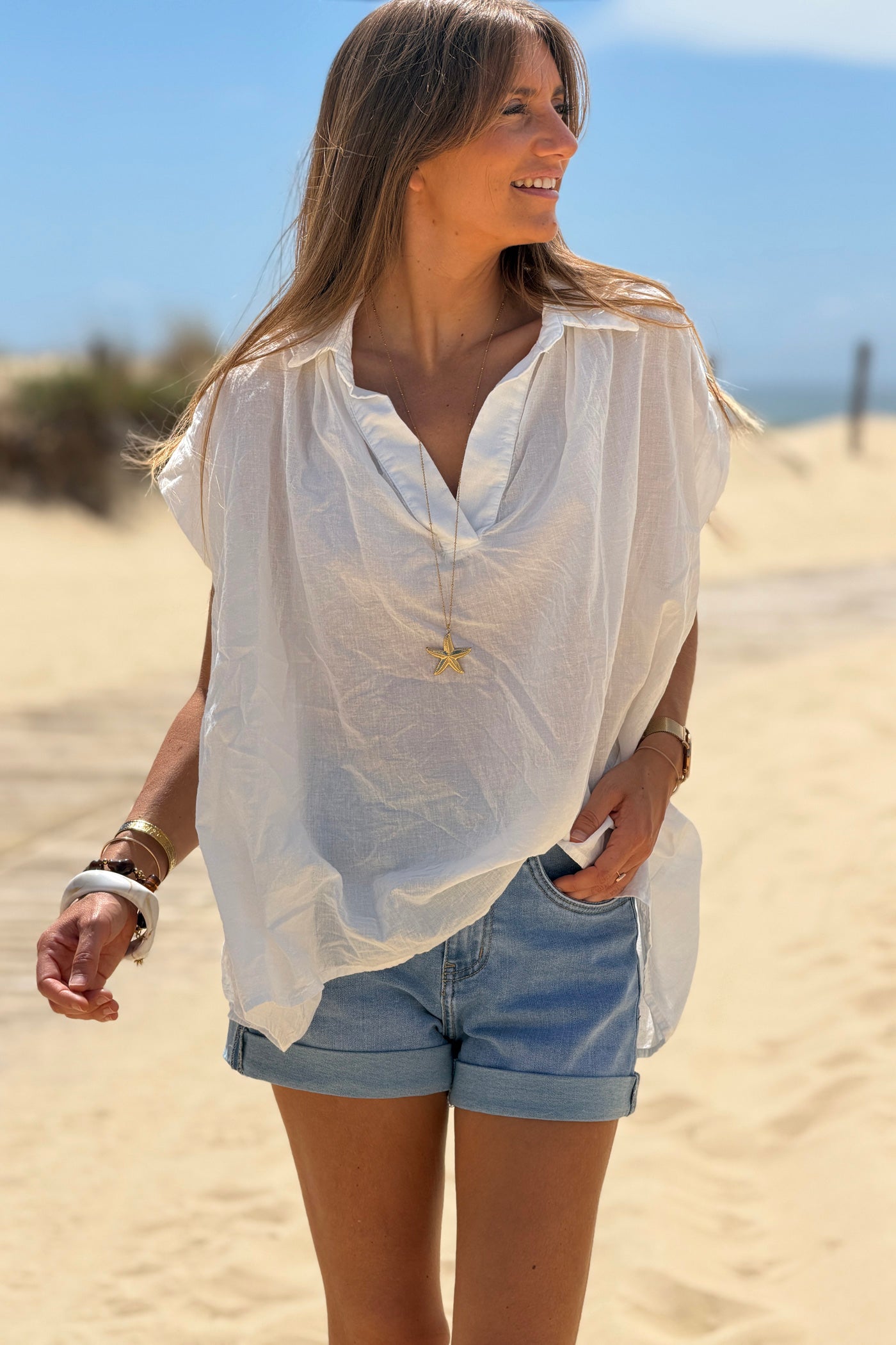 White Lightweight Woven Collared Blouse