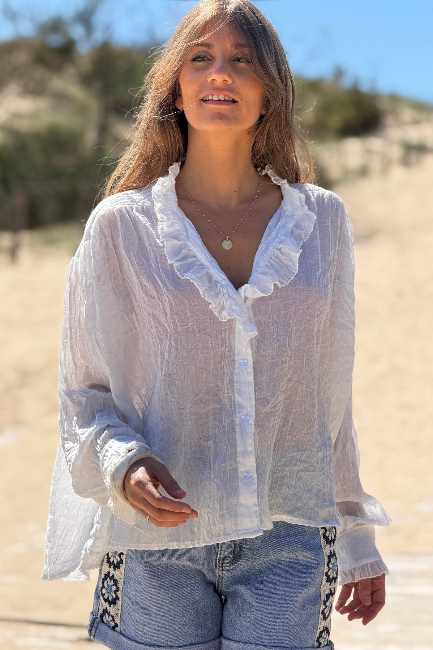 White Crinkle Gauze Romantic Ruffles Blouse