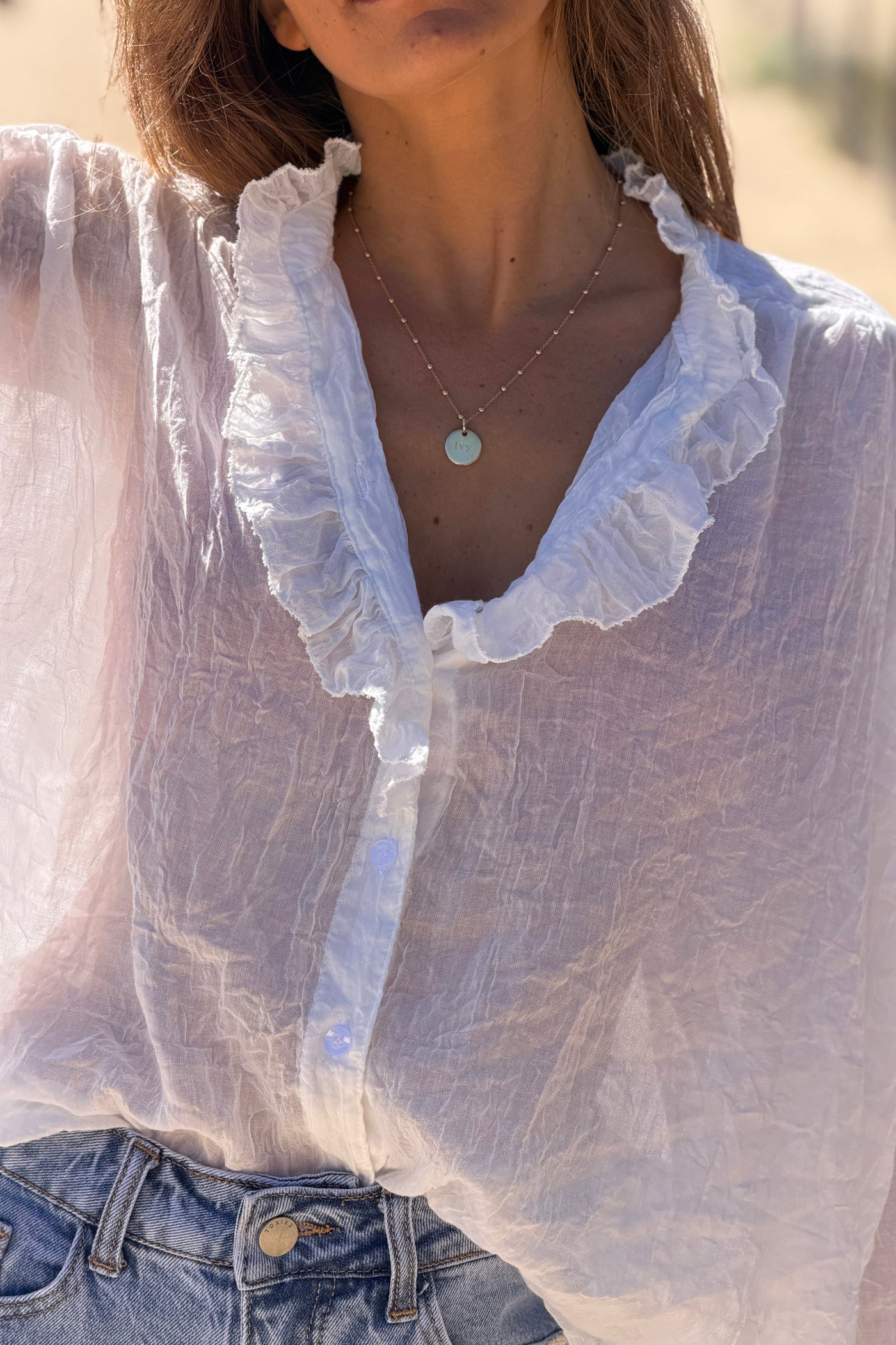 White Crinkle Gauze Romantic Ruffles Blouse