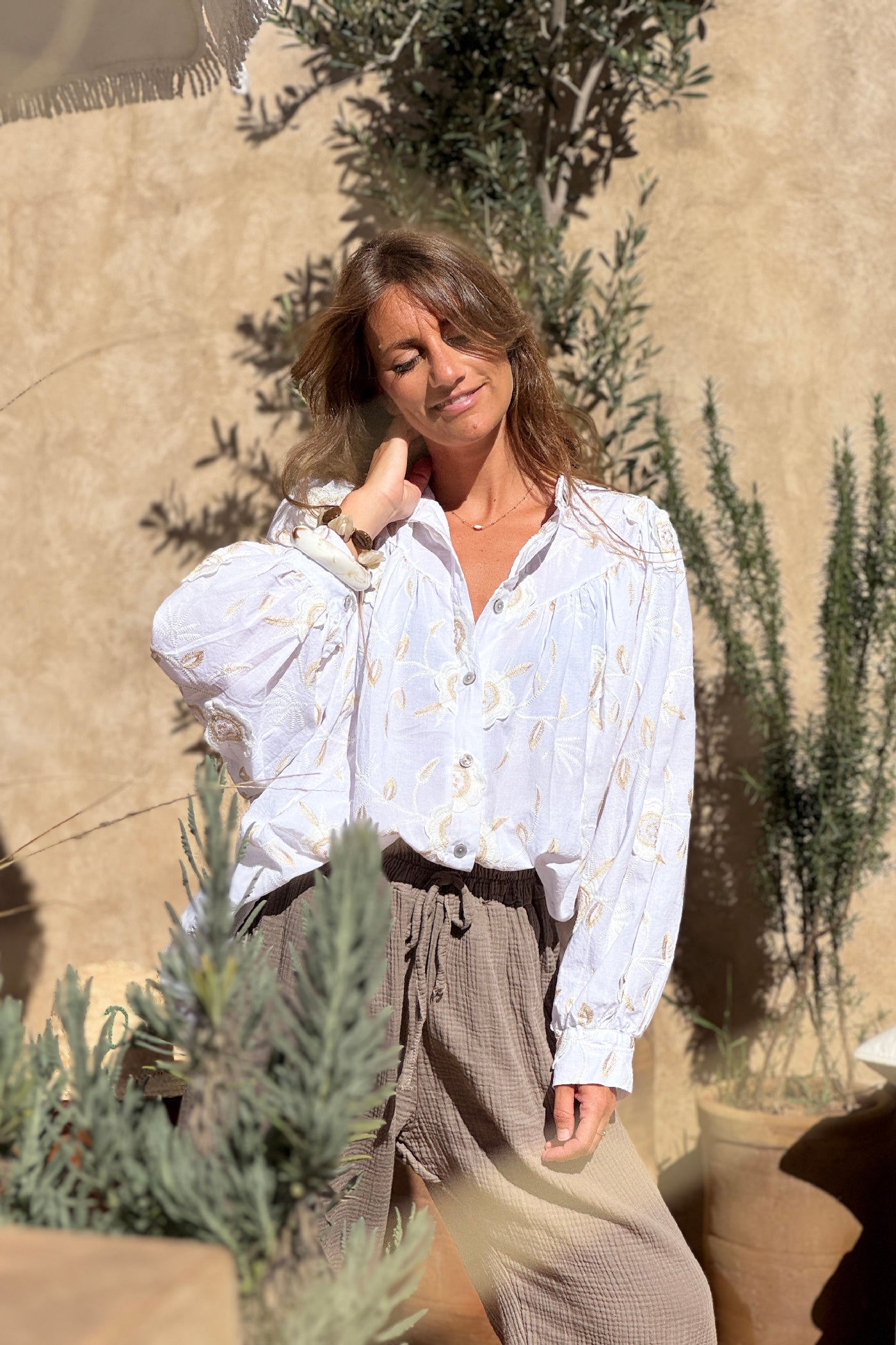White Floral Embroidered Button-Down Peasant Blouse