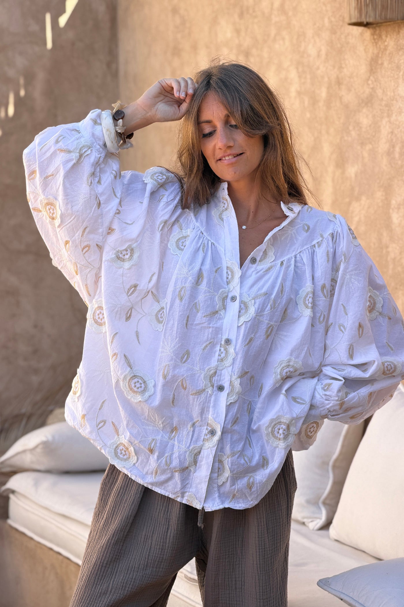 White Floral Embroidered Button-Down Peasant Blouse