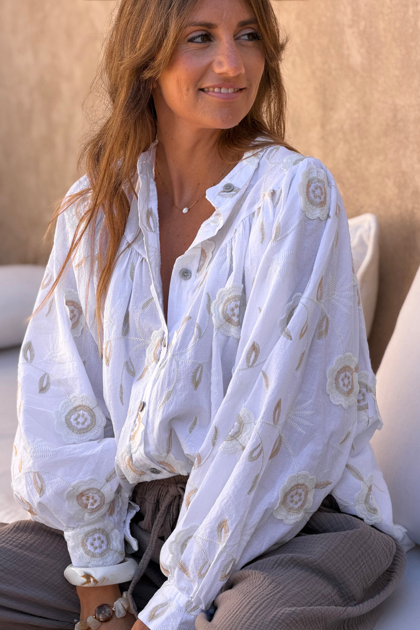 White Floral Embroidered Button-Down Peasant Blouse