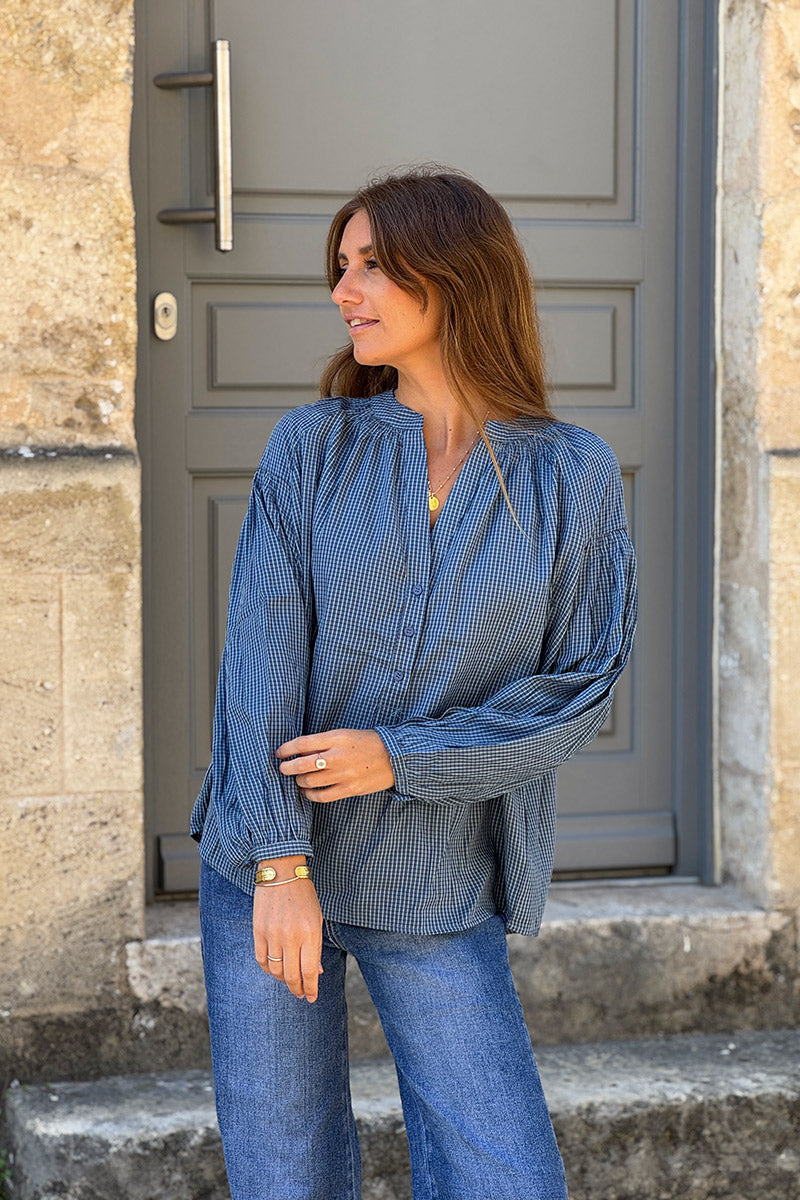 Navy Mini Plaid Button Placket Blouse