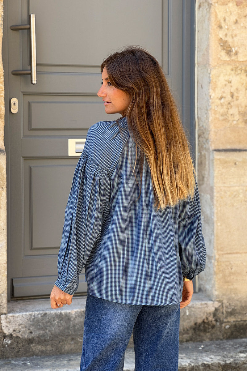 Navy Mini Plaid Button Placket Blouse