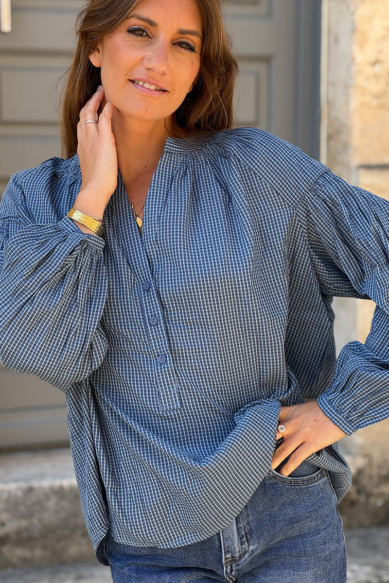 Navy Mini Plaid Button Placket Blouse