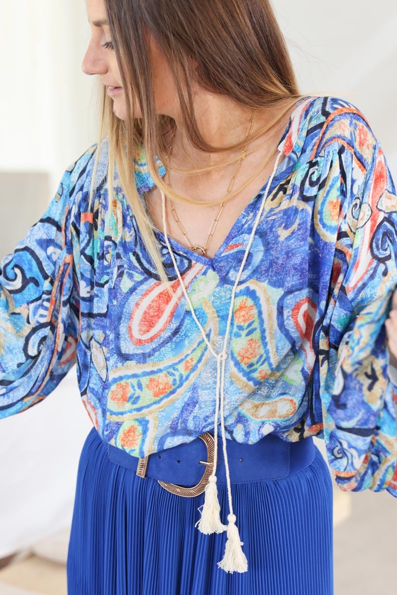 Blouse bleu roi fluide manches bouffantes imprime h047 (1)