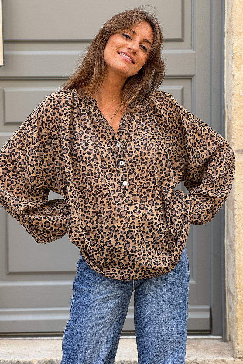 Leopard Print Split Neck Cotton Blouse