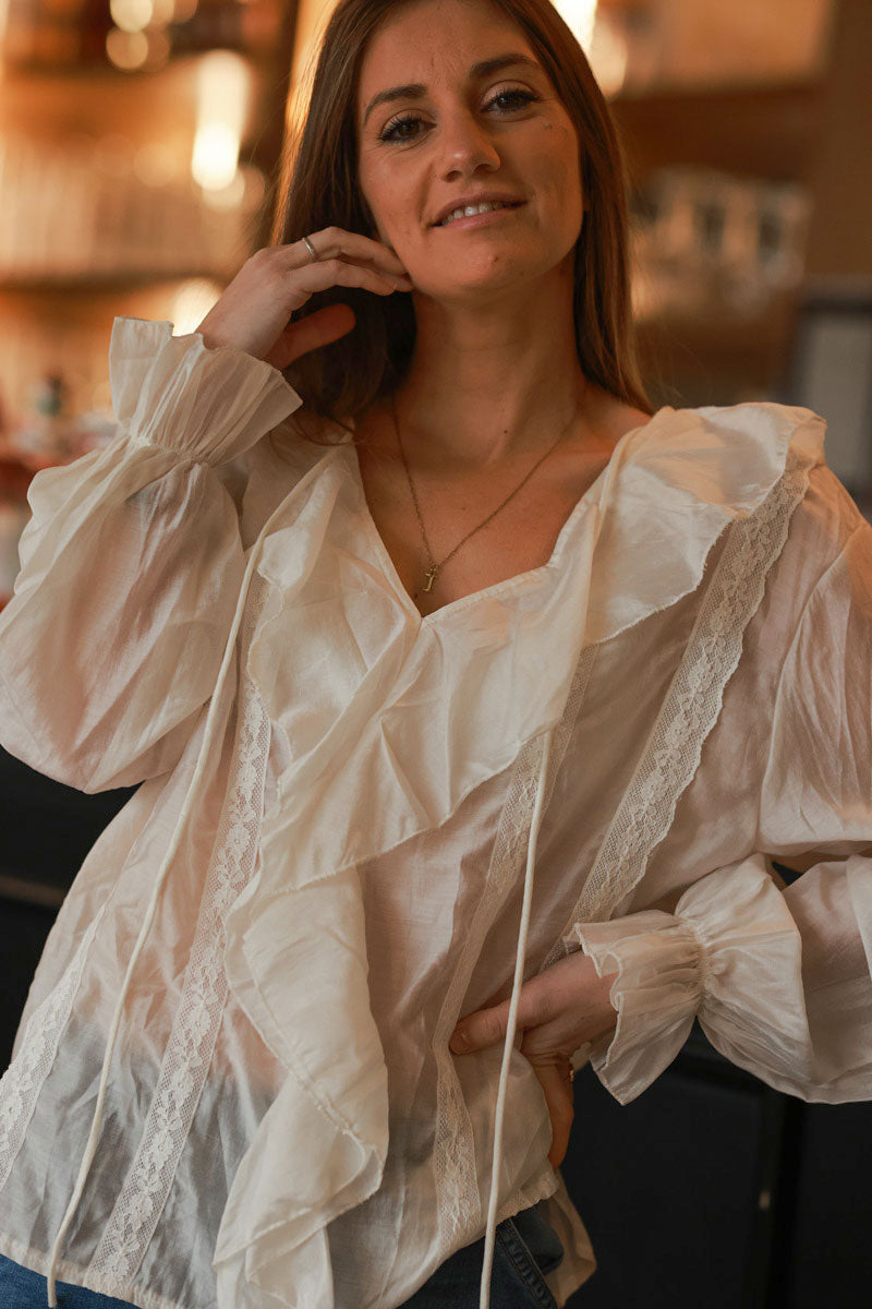 Cream Ruffle and Lace Babydoll Blouse