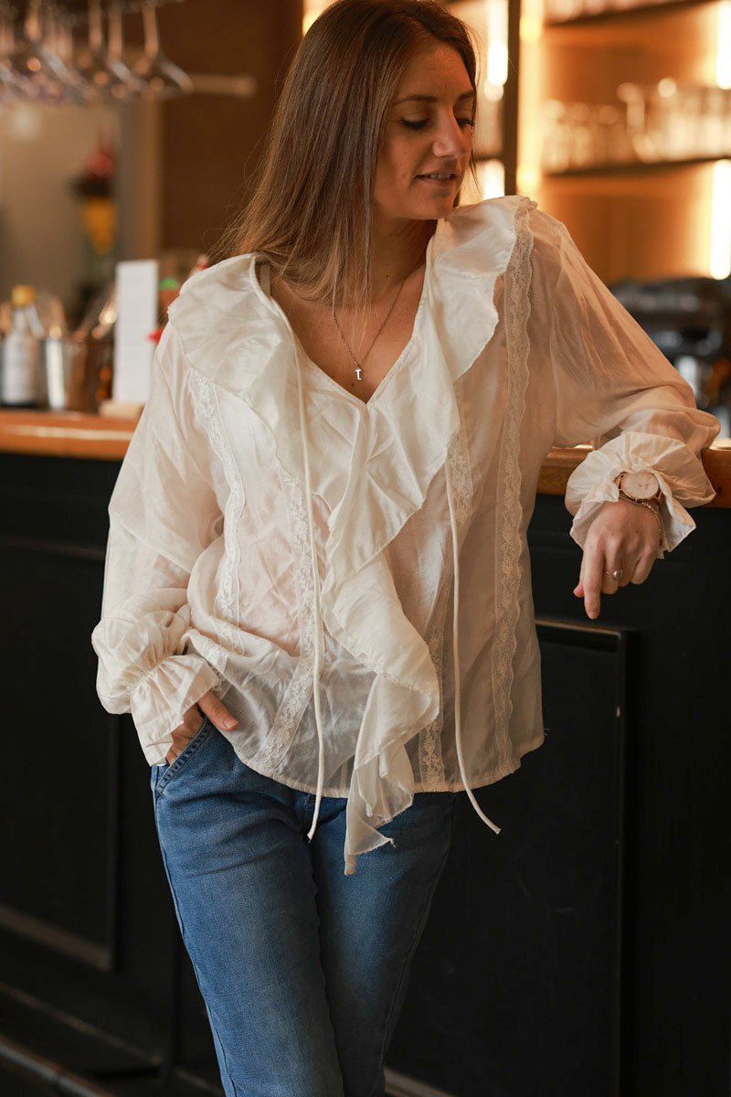Cream Ruffle and Lace Babydoll Blouse