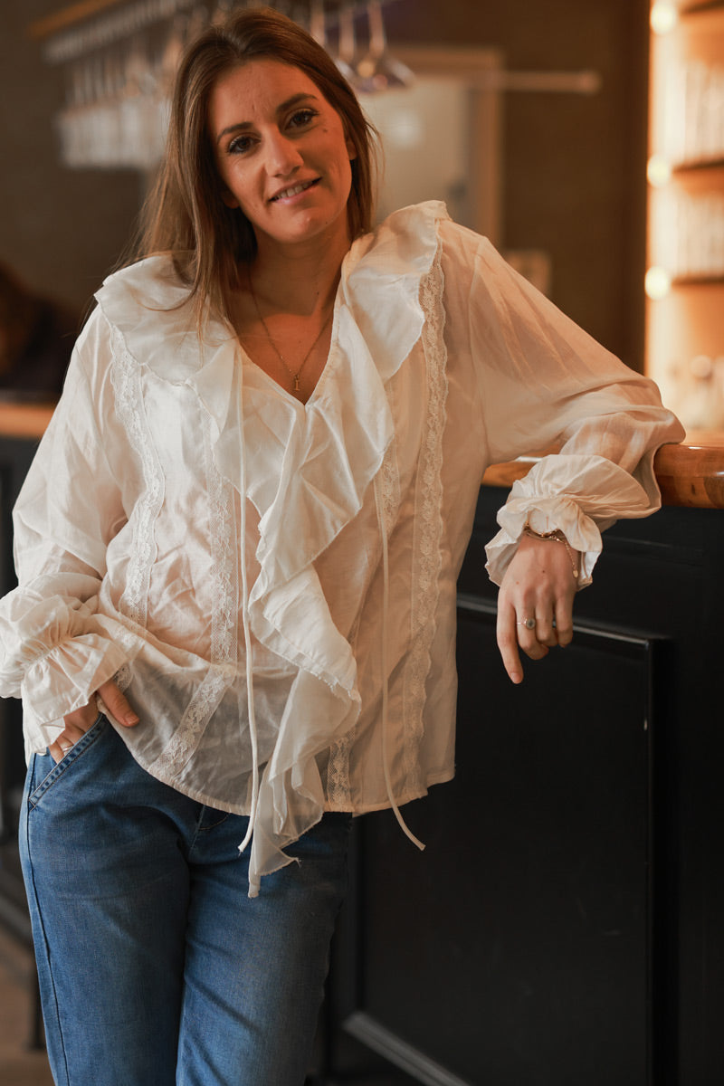Cream Ruffle and Lace Babydoll Blouse