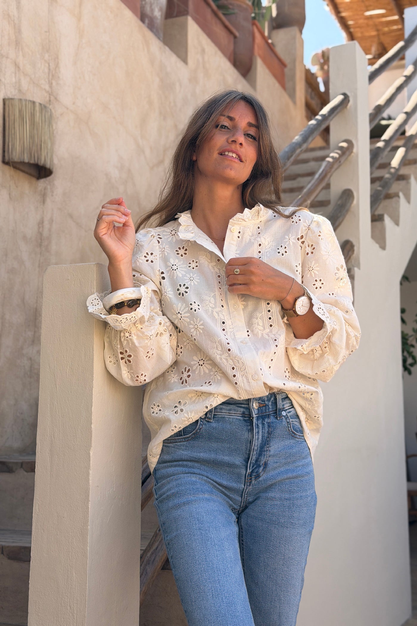 Cream Eyelet Romantic Ruffled Blouse