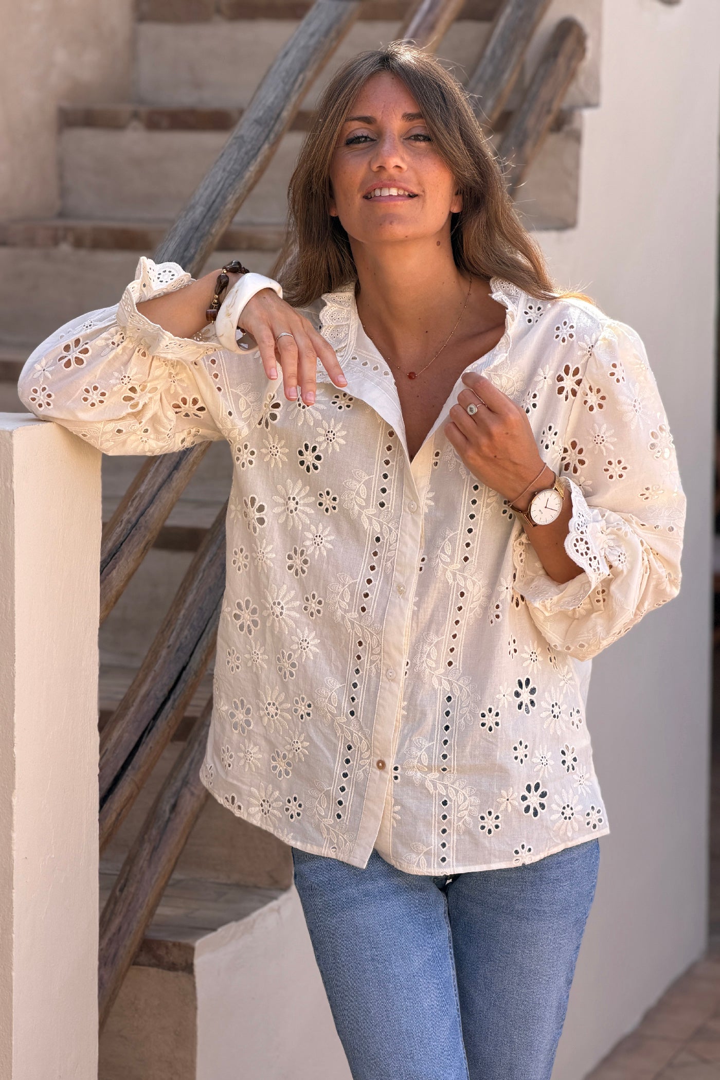 Cream Eyelet Romantic Ruffled Blouse