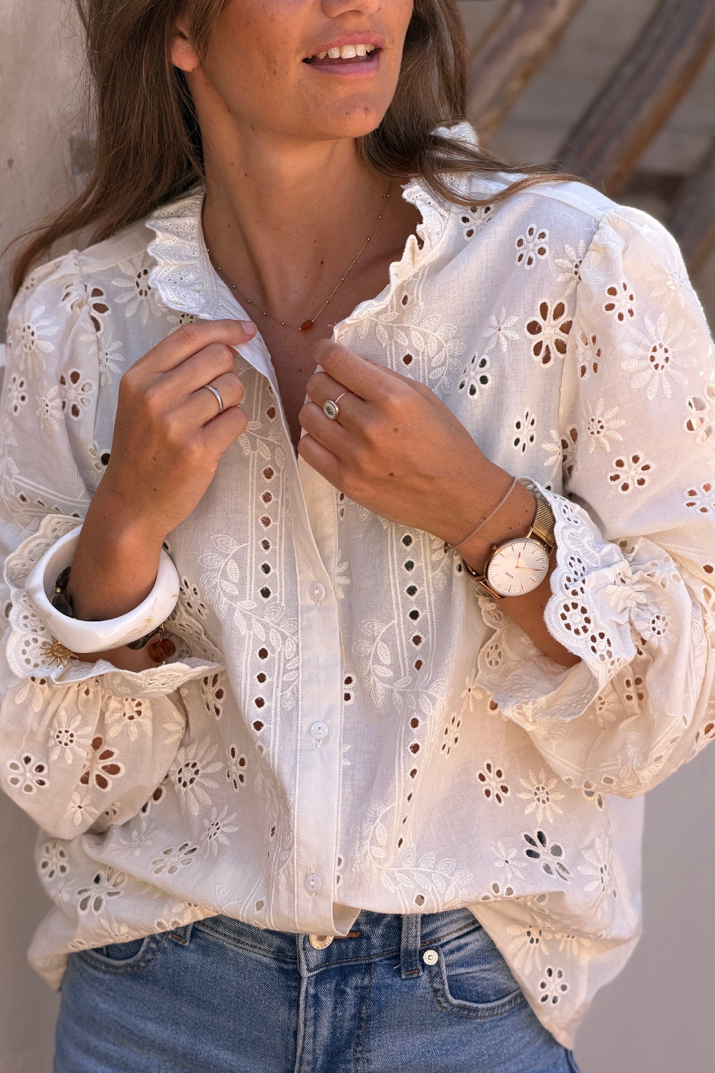 Cream Eyelet Romantic Ruffled Blouse