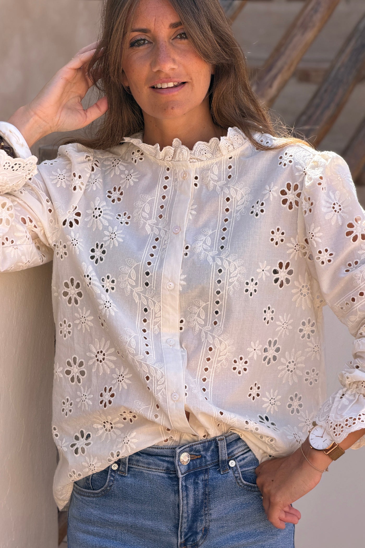 Cream Eyelet Romantic Ruffled Blouse