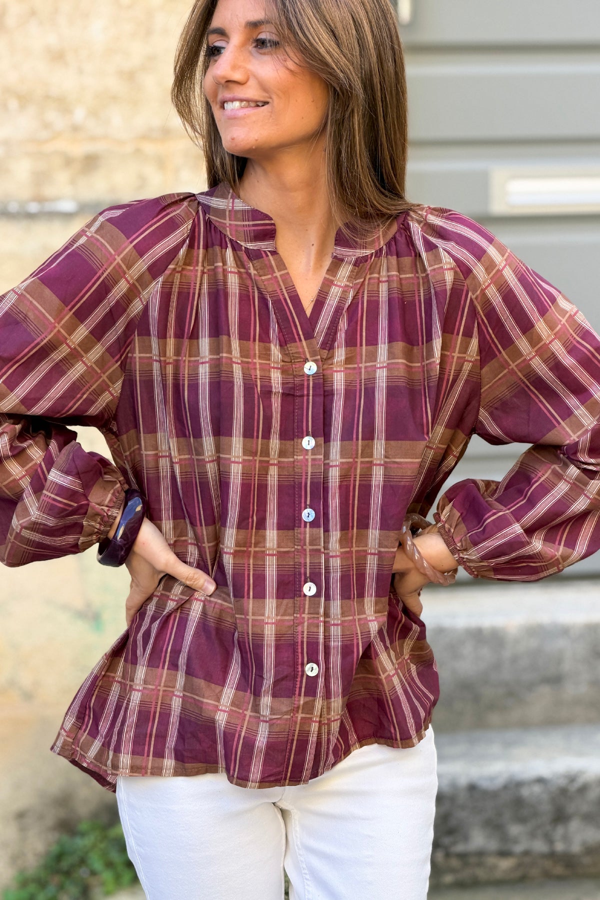 Aubergine Shirred Plaid Button-Down Blouse