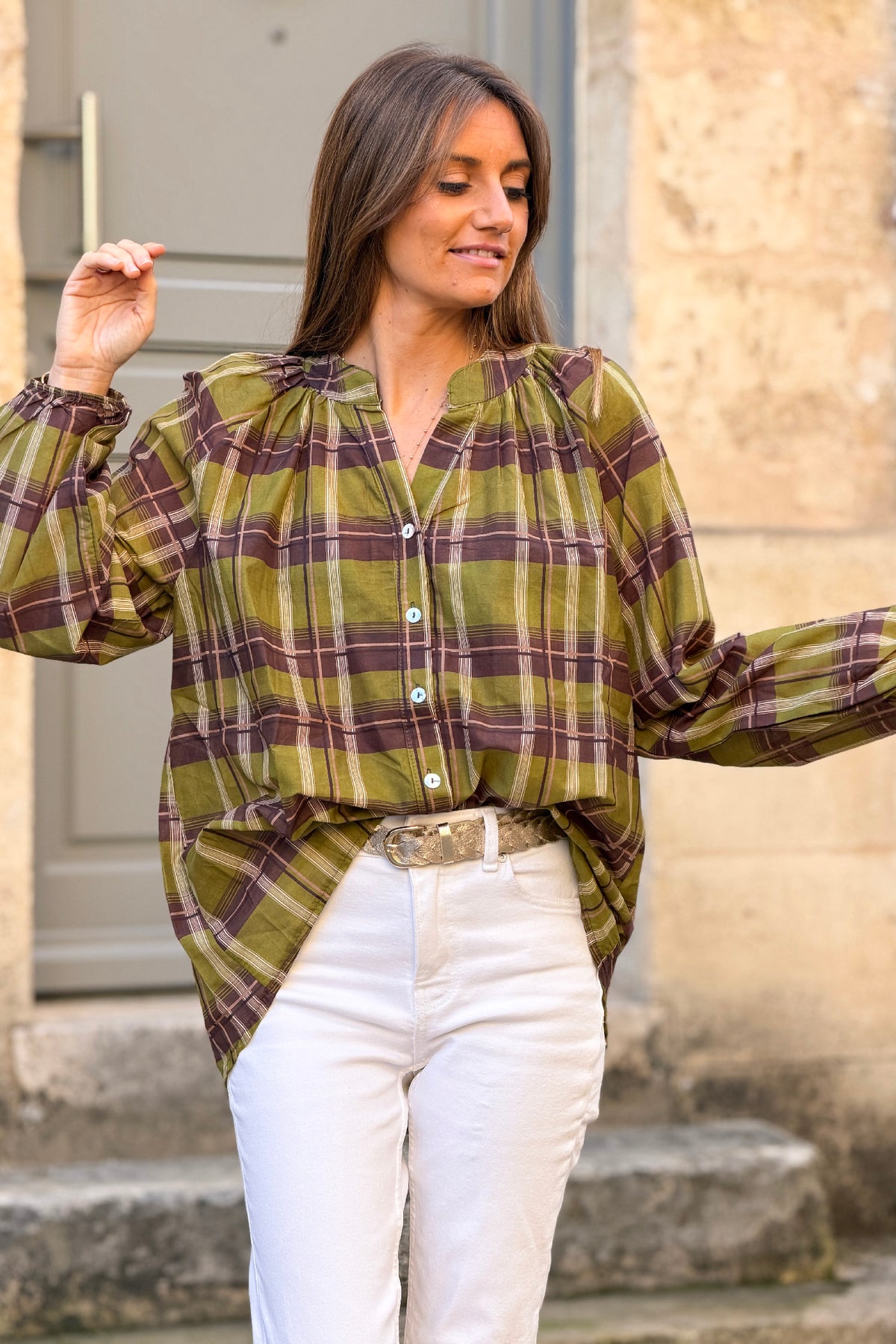 Moss Green Shirred Plaid Button-Down Blouse