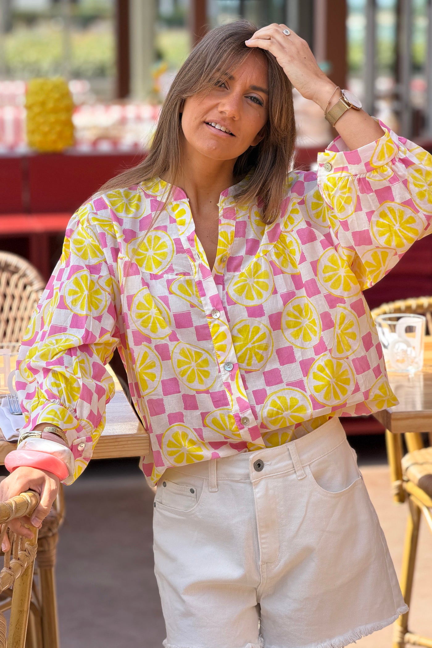 Blouse en coton à carreaux damiers rose et citrons
