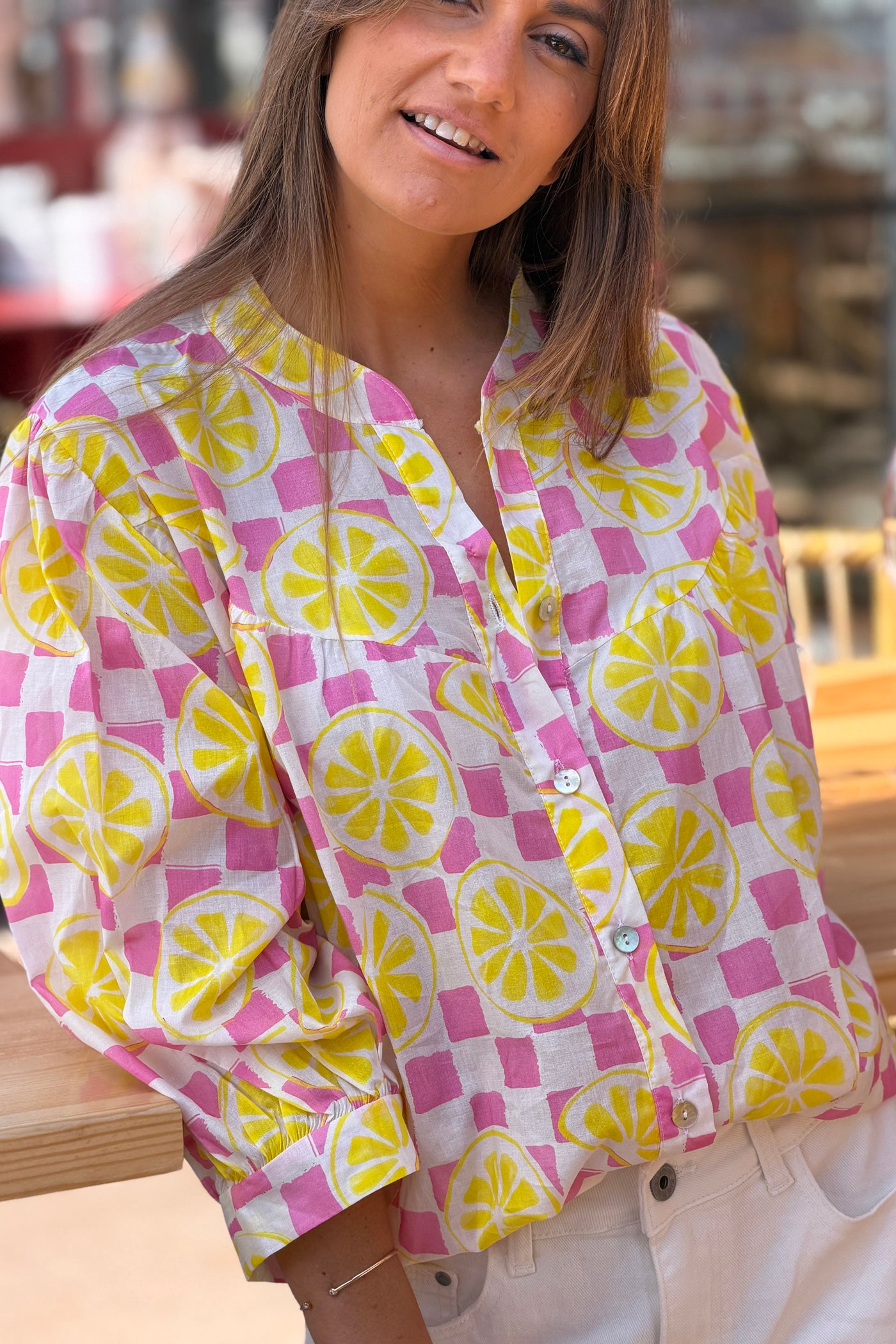 Blouse en coton à carreaux damiers rose et citrons