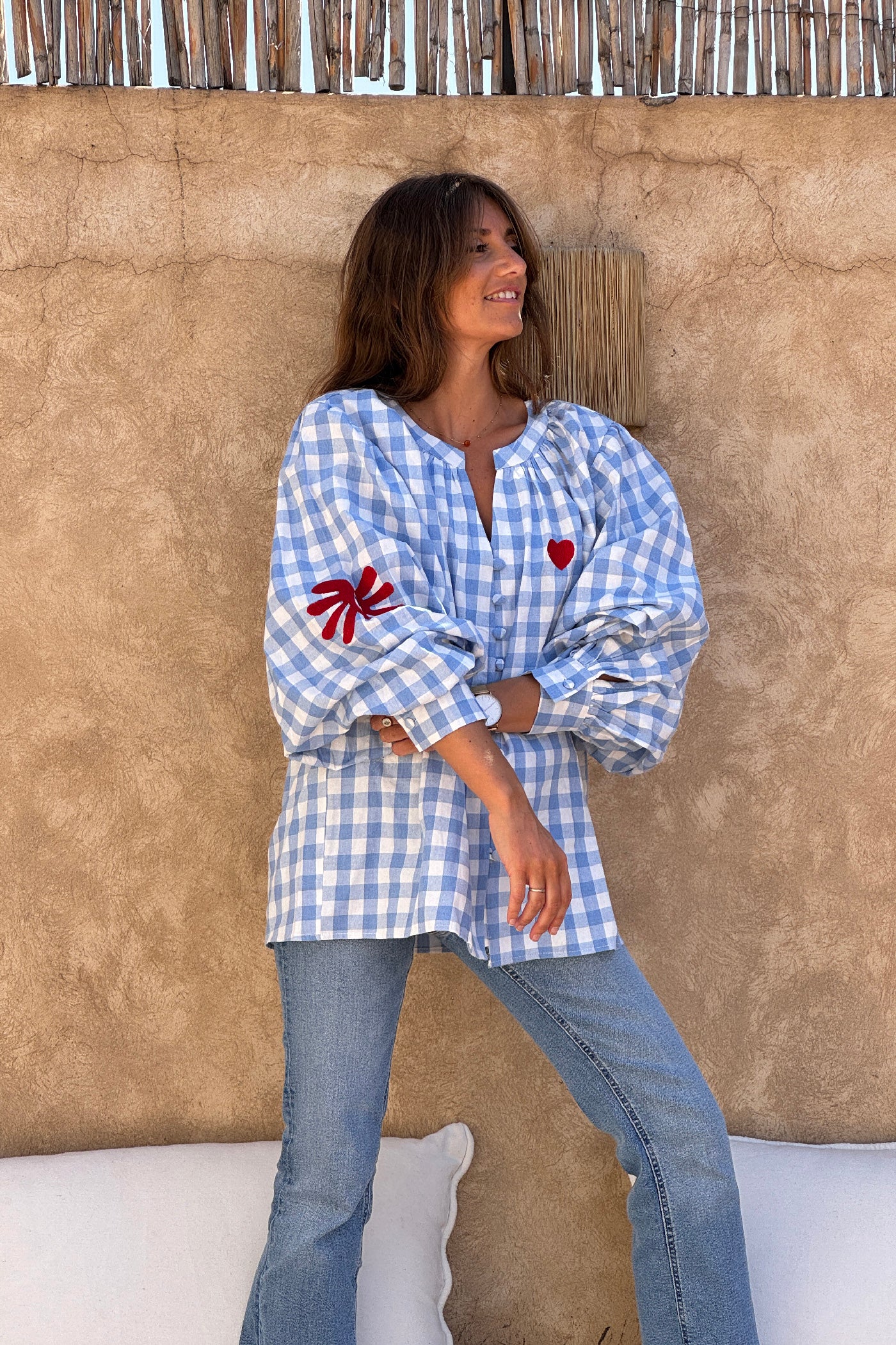 Blue Gingham Hearts Blouson Top