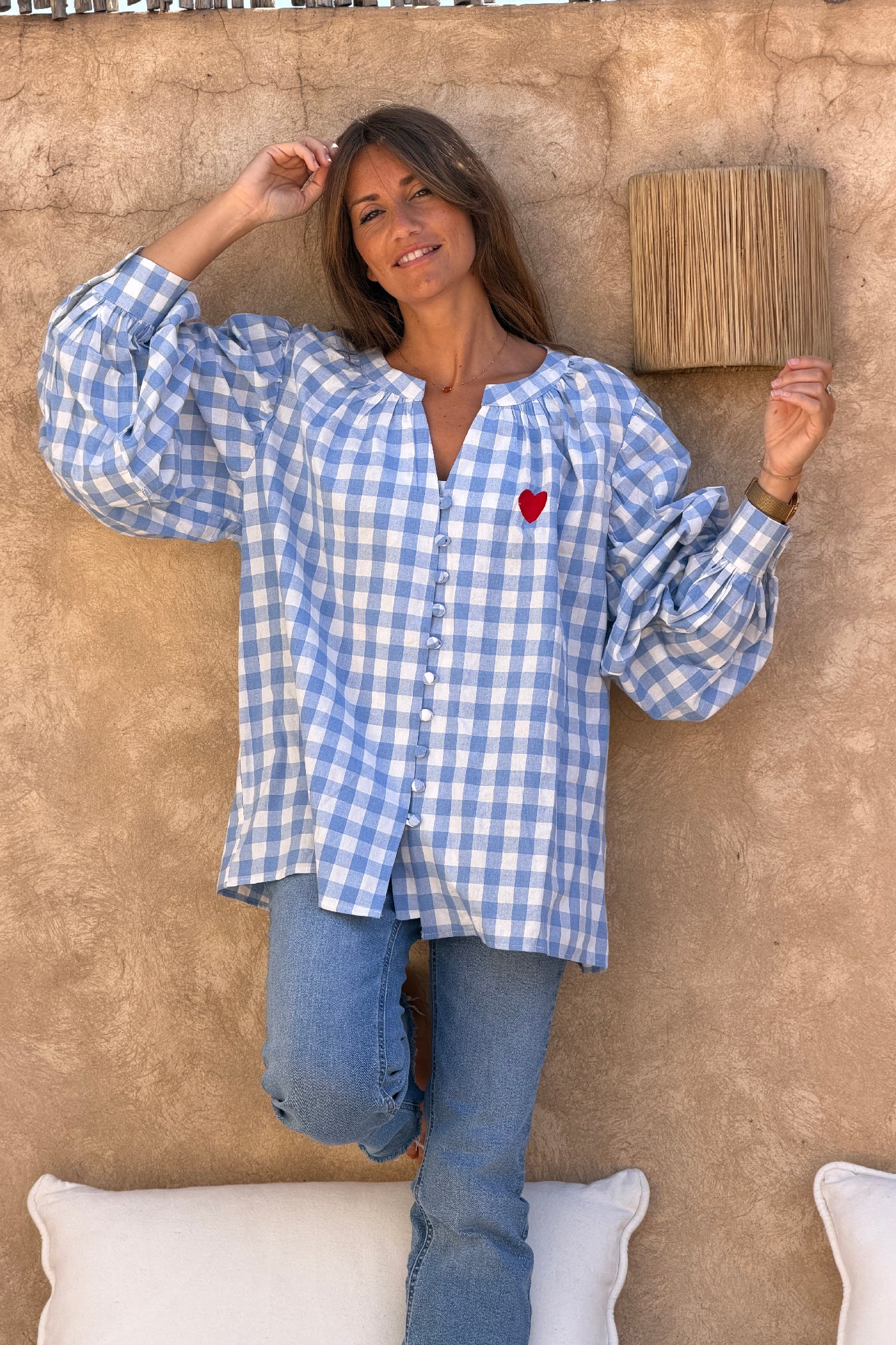 Blue Gingham Hearts Blouson Top