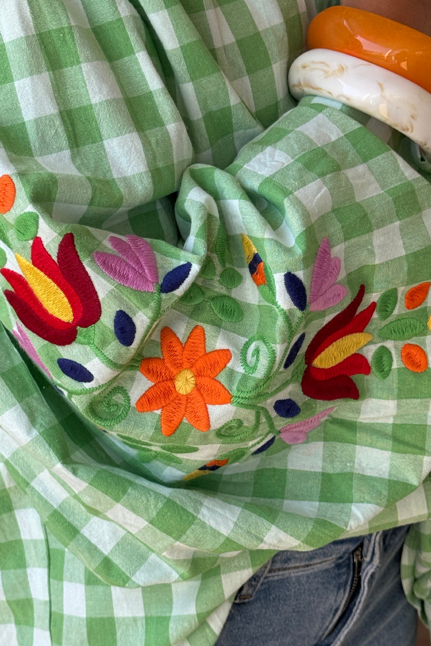 Green Gingham Spring Flowers Embroidered Blouse